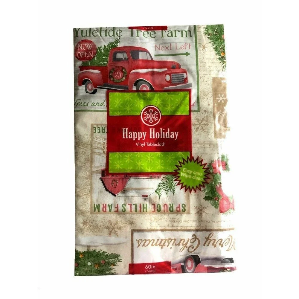 Christmas Red Truck Wreath Vinyl Tablecloth Flannel Backed Holiday 52x70 Holiday